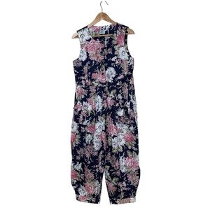 Vintage Laura Ashley Great Britain Cottagecore Floral Crop Jumpsuit Bow Pockets